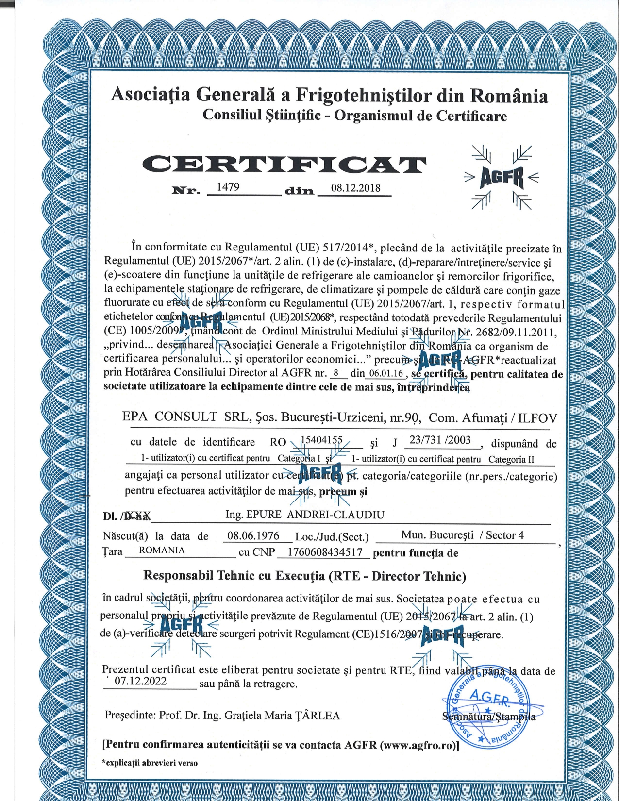 Certificat AGFR EPA Consult - RTE Director Tehnic